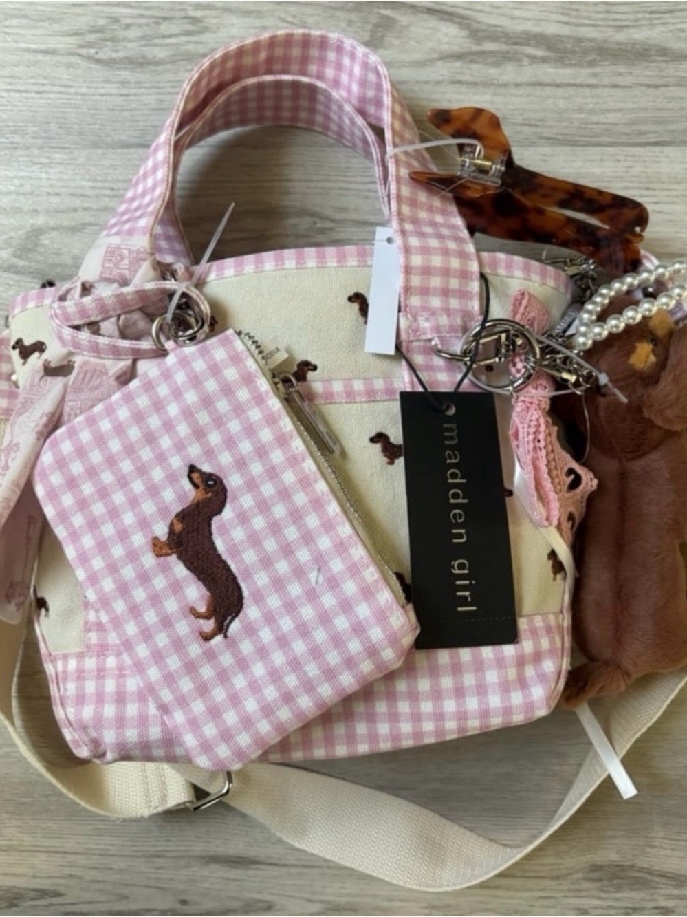 Madden Girl Pink Gingham Dachshund Crossbody with Coin Pouch and Charms
